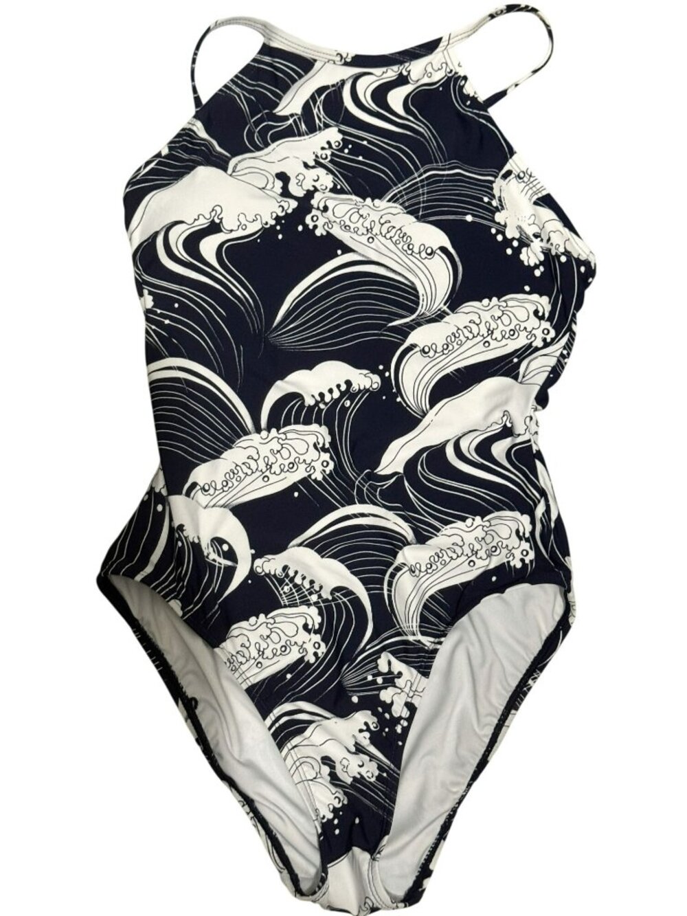 Nautica Swim Womens High Neck Japanese-Style Ocean Wave 1-Piece Navy White Sm
